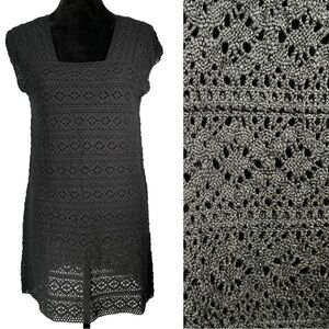 Garnet Hill Black Crochet Dress Short Sleeve Cotton Tunic Cover Up Boho Festival
